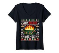 Mujer Warm Holiday Wishes Ugly Christmas Dumpster Fire Camiseta Cuello V