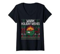 Mujer Warm Holiday Wishes Ugly Christmas Dumpster Fire Camiseta Cuello V
