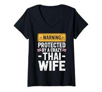 Mujer Warning Protected by A Crazy Thai Wife Camiseta Cuello V