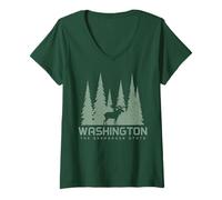 Mujer Washington The Evergreen State PNW Alce Naturaleza Amante Verde Camiseta Cuello V