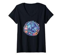Mujer Watercolor Dragon Flowers Beautiful Art Colorful Graphic Camiseta Cuello V