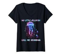 Mujer Watercolor Fish Sea My Little Jellyfish Call Me Grandma Camiseta Cuello V