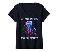 Mujer Watercolor Fish Sea My Little Jellyfish Call Me Grandpa Camiseta Cuello V