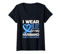 Mujer We Wear Blue For My Husband - Camiseta de Apoyo para el cáncer colorrectal Camiseta Cuello V