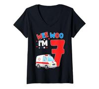 Mujer Wee Woo I Am 7 Años Edad 7 Niños Cumpleaños Camiseta Cuello V