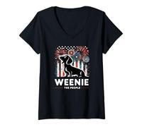 Mujer Weenie The People, perro salchicha, perro salchicha, fuegos artificiales patrióticos estadounidenses Camiseta Cuello V