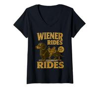 Mujer Weiner Rider Funny Dachshund Dog Broma Adulto Dueño de Dachshund Camiseta Cuello V