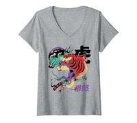 Mujer Weirdcore Psicodélico Trippy Japonés Surrealista Yokai Tiger Camiseta Cuello V