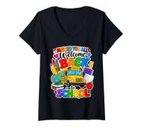 Mujer Welcome Back To School Bus Teacher Classroom Pencil Art Camiseta Cuello V