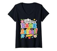 Mujer Welcome Back To School Bus Teacher Classroom Pencil Art Camiseta Cuello V