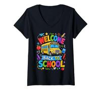 Mujer Welcome Back To School Bus Teacher Classroom Pencil Art Camiseta Cuello V