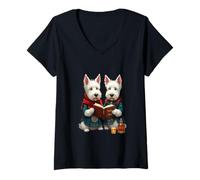 Mujer West Highland Terriers leyendo Robert Burns Poesía Camiseta Cuello V