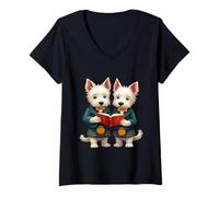 Mujer West Highland Terriers quema la cena leyendo poesía Camiseta Cuello V