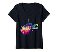 Mujer West Virginia Tie Dye Mapa del Estado Orgullo Hippie Vintage Camiseta Cuello V