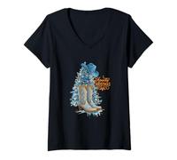Mujer Western Cowboys, Navidad y Botas Vaqueras Azules Camiseta Cuello V