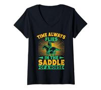 Mujer Western Rider Time Always Flies In Saddle Cowgirl Rodeo Camiseta Cuello V