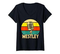 Mujer Westley - Micrófono Retro con Nombre y música Divertida de los años 80 Camiseta Cuello V
