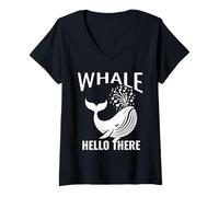 Mujer Whale Hello There Sea or Ocean Cruise Juego de palabras de observación de ballenas Camiseta Cuello V