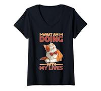 Mujer What Am I Doing with My Lives Sarcastic Cat Puns Camiseta Cuello V