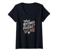 Mujer What Rhymes With Friday Wine Humor Camiseta Cuello V