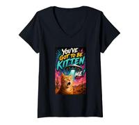 Mujer What The Meow Funny Shocked Cat UFO Alien Flying Saucer Camiseta Cuello V