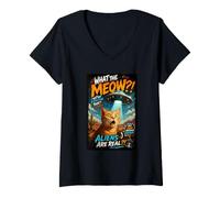 Mujer What The Meow Funny Shocked Cat UFO Alien Flying Saucer Camiseta Cuello V