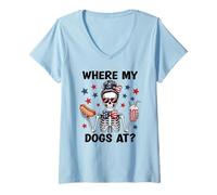Mujer Where My Dogs At Hotdog Patriotic Hot Dogs American USA Flag Camiseta Cuello V