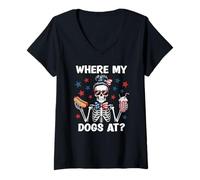 Mujer Where My Dogs At Wiener Patriotic Hotdog American USA Flag Camiseta Cuello V