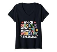Mujer Which Dinosaur Knows The Most Words A Thesaurus - Camiseta Cuello V