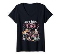 Mujer Whimsical Kittens on Bike - Ovillo de Lana, diseño de Gato felino Camiseta Cuello V