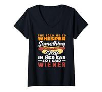 Mujer Whisper Something Sexy Wiener para amantes de las salchichas Camiseta Cuello V