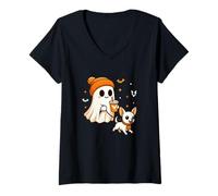 Mujer White Chihuahua Halloween Ghost Walking Chihuahua Dog Camiseta Cuello V