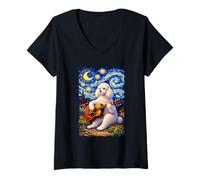 Mujer White Poodle Playing Guitar Whimsical Dog Art Music Camping Camiseta Cuello V