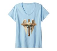 Mujer White Rose Flower Christian Cross For Women and Blessed Mom Camiseta Cuello V