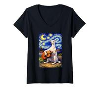 Mujer White Sighthound Playing Guitar Whimsical Art Music Camping Camiseta Cuello V