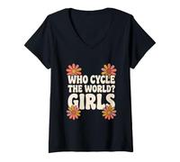 Mujer Who Cycle The World Girls Retro Flower Power Cycling Camiseta Cuello V