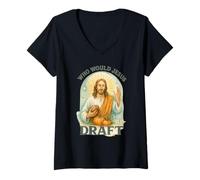 Mujer Who Would Jesus Draft Fantasy Football Parody Fall Art Camiseta Cuello V