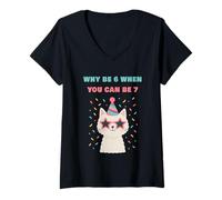 Mujer Why Be 6 When You Can Be 7 - Girls Birthday Cartoon Cat Camiseta Cuello V