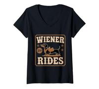 Mujer Wiener Rides Funny Dachshund Doxie Weiner Weenie Dueño de Perro Camiseta Cuello V