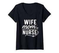 Mujer Wife Mom Nurse Script Stethoscope Heart Graphic Camiseta Cuello V