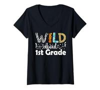 Mujer Wild About 1er Grado Regreso a la Escuela Divertido Profesor Estudi Camiseta Cuello V