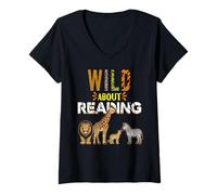 Mujer Wild About Reading Libros Animales del zoológico Amor Lectura de Libros Camiseta Cuello V