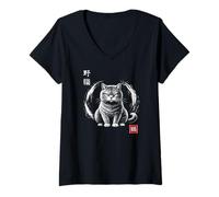 Mujer Wild Cat Neko Círculo Zen Japonés con Gato Camiseta Cuello V