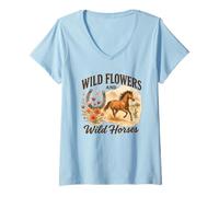 Mujer Wild Flowers and Wild Horses Western Watercolor Graphic Camiseta Cuello V