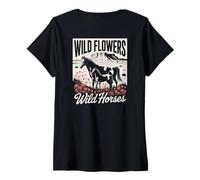 Mujer Wild Horses Wildflowers Cowgirl Country Western Rodeos Camiseta Cuello V