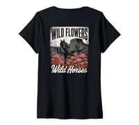 Mujer Wild Horses Wildflowers Cowgirl Country Western Rodeos Camiseta Cuello V