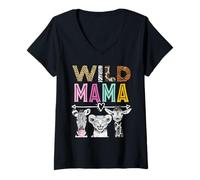 Mujer Wild Mama Zoo Theme Birthday Safari Jungle Fiesta a juego Camiseta Cuello V