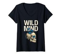 Mujer Wild Mind Vintage Grunge Cráneo Mariposas Gótico Estética Camiseta Cuello V