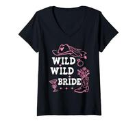 Mujer Wild Wild Bride Bachelorette Cowgirl Cute Pink Bridal Cowboy Camiseta Cuello V