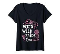 Mujer Wild Wild Bride Crew Bachelorette Cowgirl Pink Bridal Cowboy Camiseta Cuello V